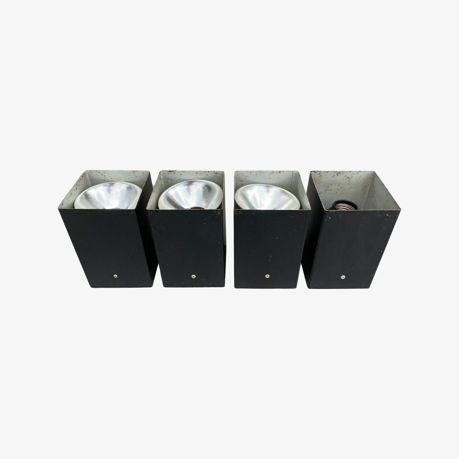 Raak Amsterdam Cube Spotlights | 3 + 1 Free Vintage Design Spots By Raak Amsterdam, Made In Holland | 4 Black Metal Mid Century Modern Spots photo for sale
