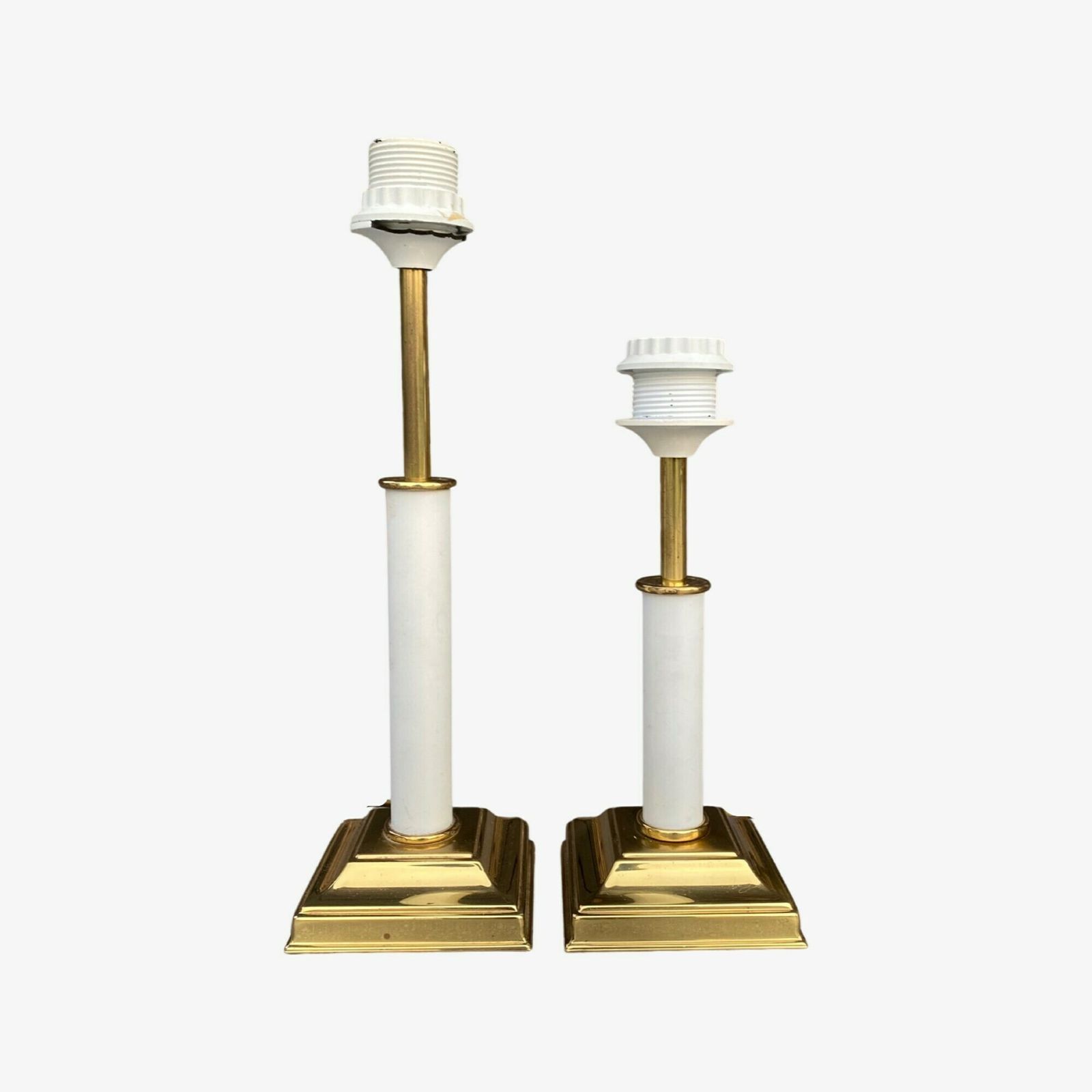 Set Vntg Brass Lamp Bases | Gold Colored Brass Metal & White Coated Metal | Add Your Own Shade | Set Mid Century Modern Night Lights