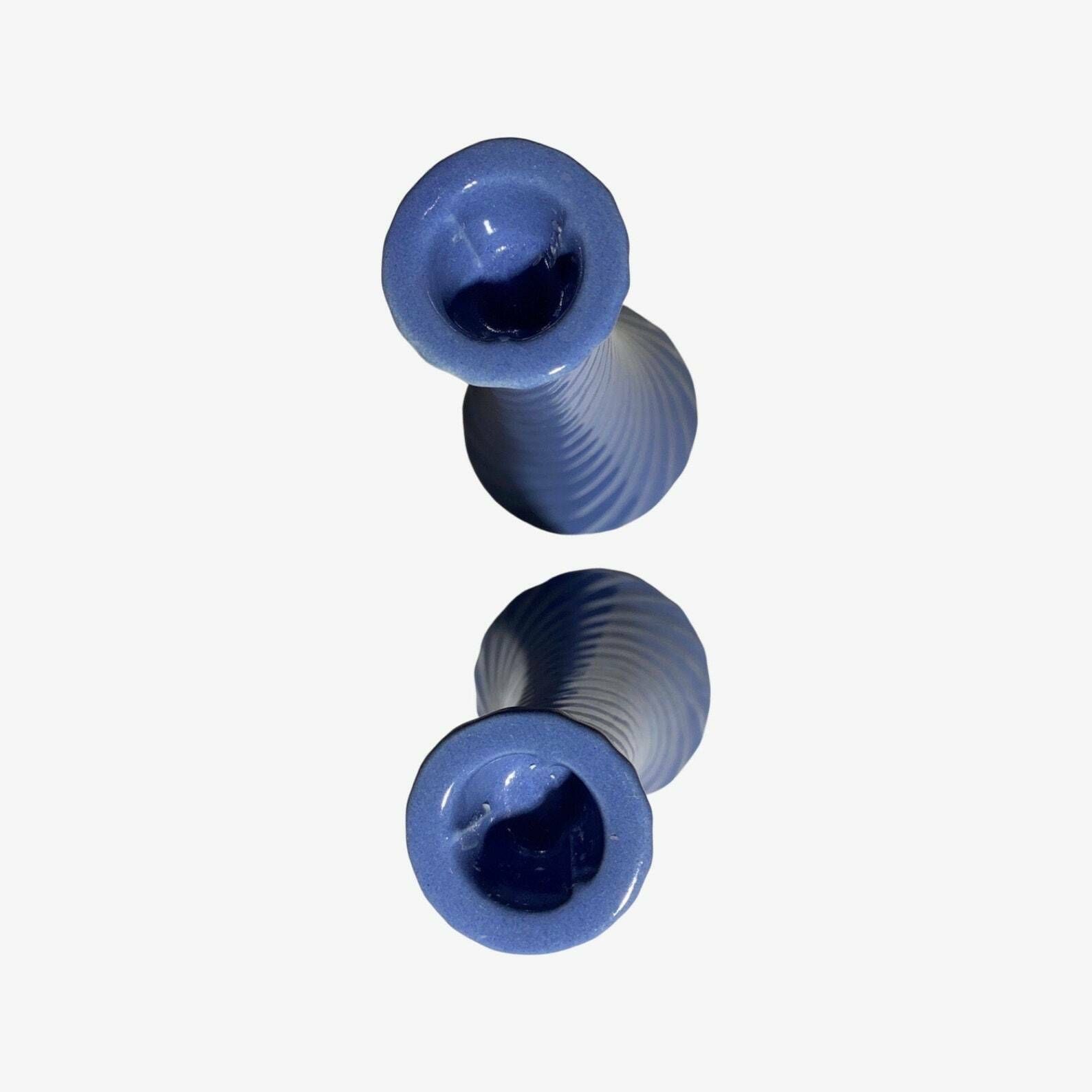 60s Babyblue Candlestick Holders | Set Of 2 Handmade Vintage Candle Holders From Denmark | Amazing Spiral Ceramic Pattern Midcentury Design photo vinterior