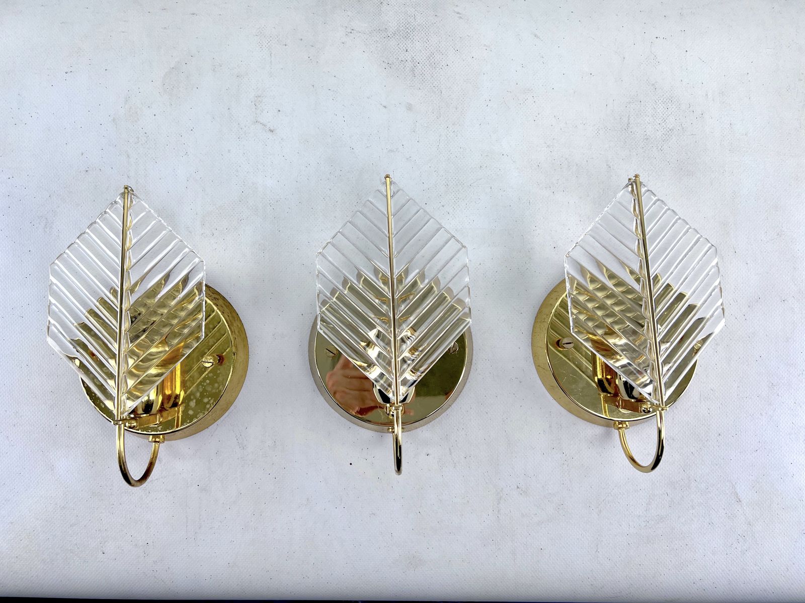 Vintage Set Of Three Sconces In Brass And Glass By Zero Quattro. Italy 1970s