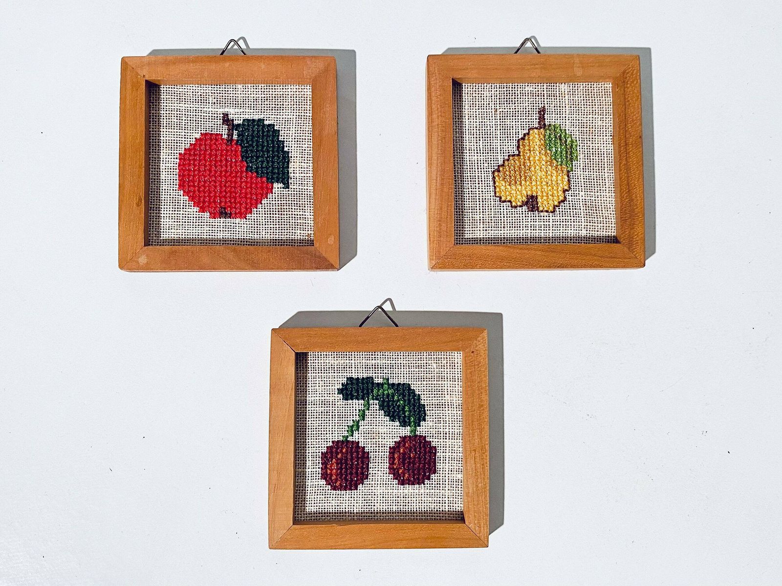Three Stitched Pictures Set With Fruit Motifs / Handmade Vintage Wall Decor 1960s