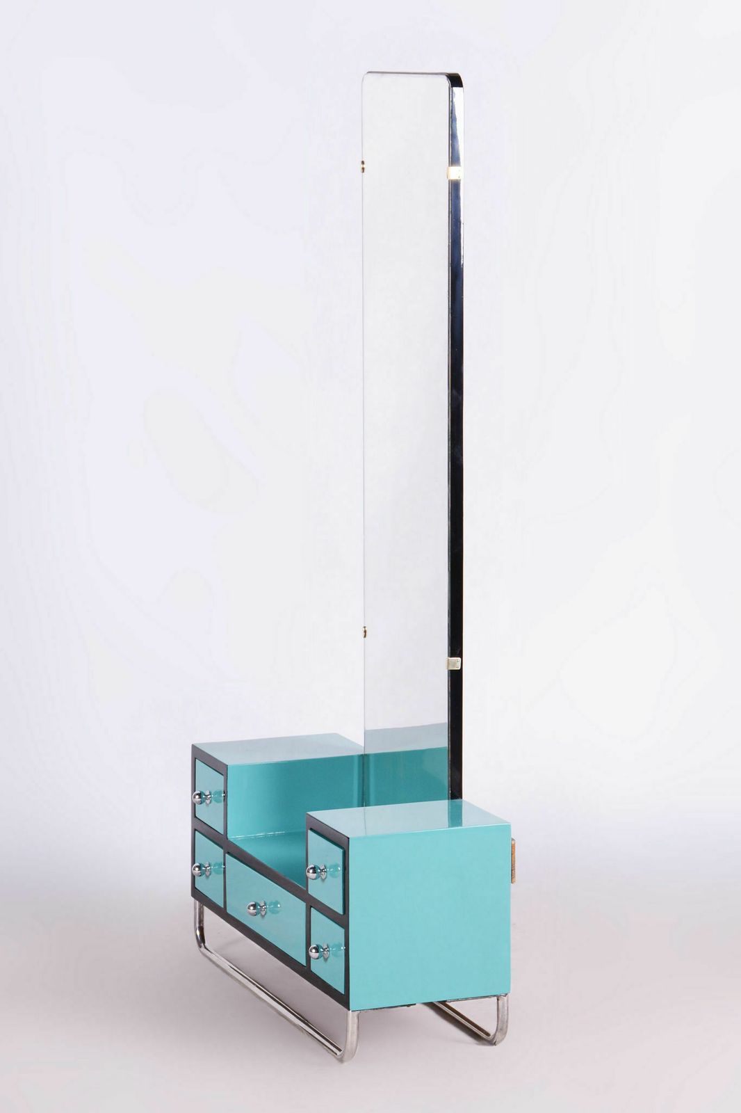 Restored Bauhaus Dressing Mirror, Chrome, Steel, Lacquered Wood, Czechia, 1930s photo vinterior