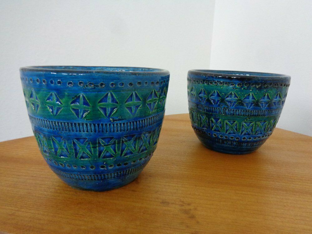 Italian Rimini Blue Ceramic Cachepots By Aldo Londi For Bitossi, 1960s, Set Of 2 photo Home Decor