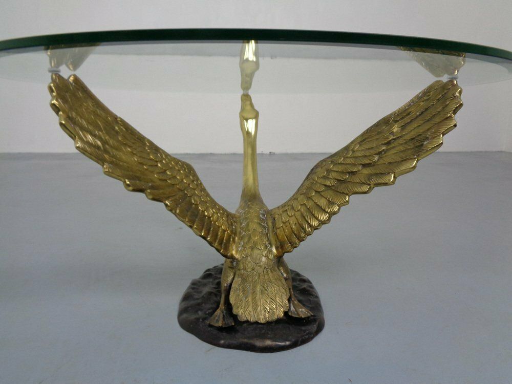 photo for sale French Swan Coffee Table In Brass And Glass, 1960s