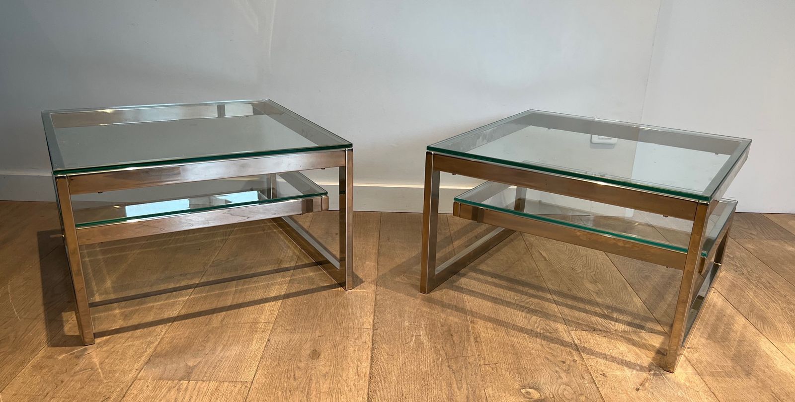 photo buy Pair Of Chrome Design Side Tables With Double Glass Slab