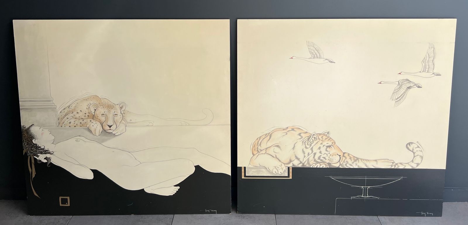 Pair Of Large Decorative Gouaches Signed Tony Warren