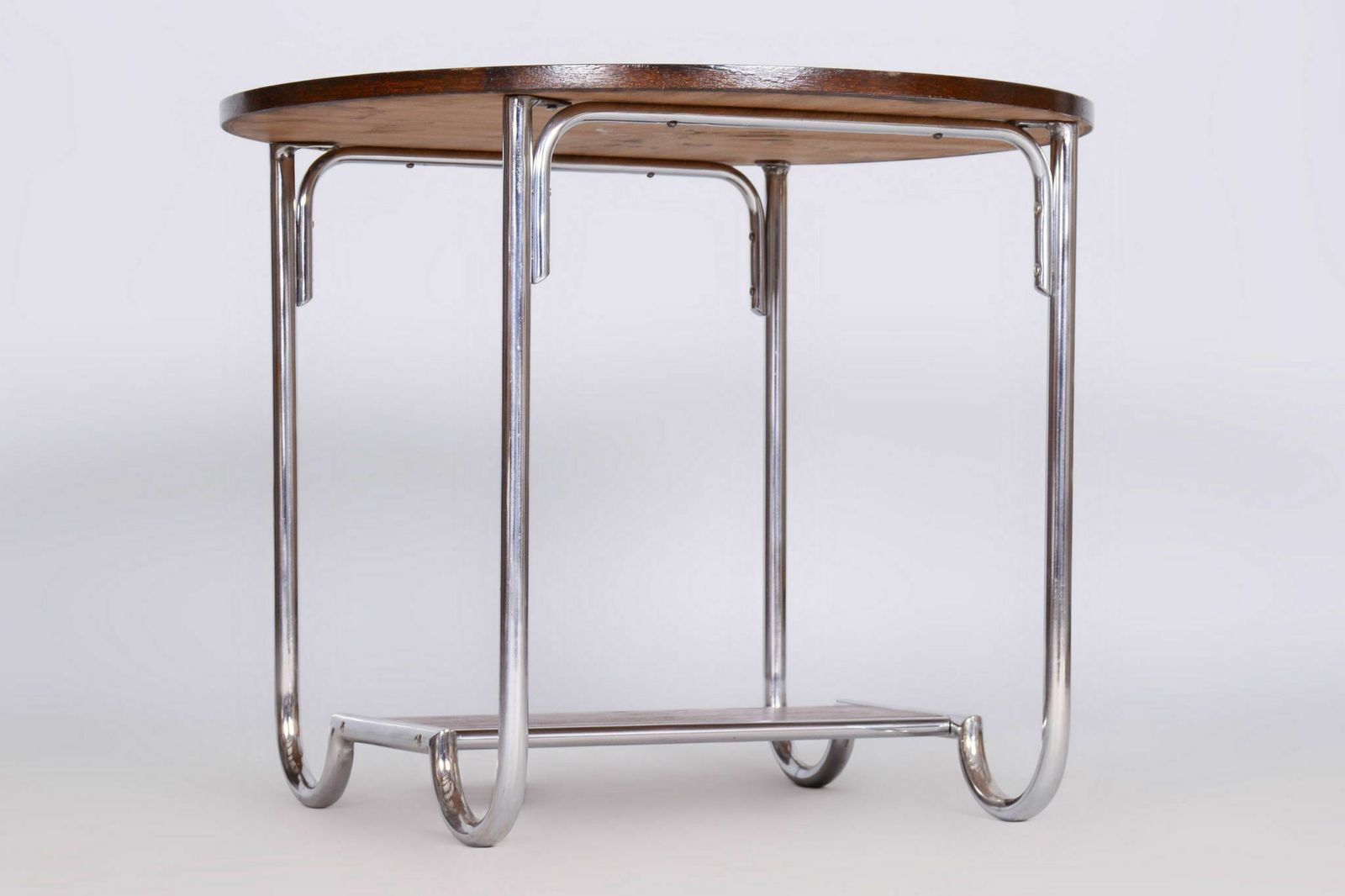 Restored Bauhaus Oak Small Round Table, Chrome Plated Steel, Czechia, 1930s photo furniture