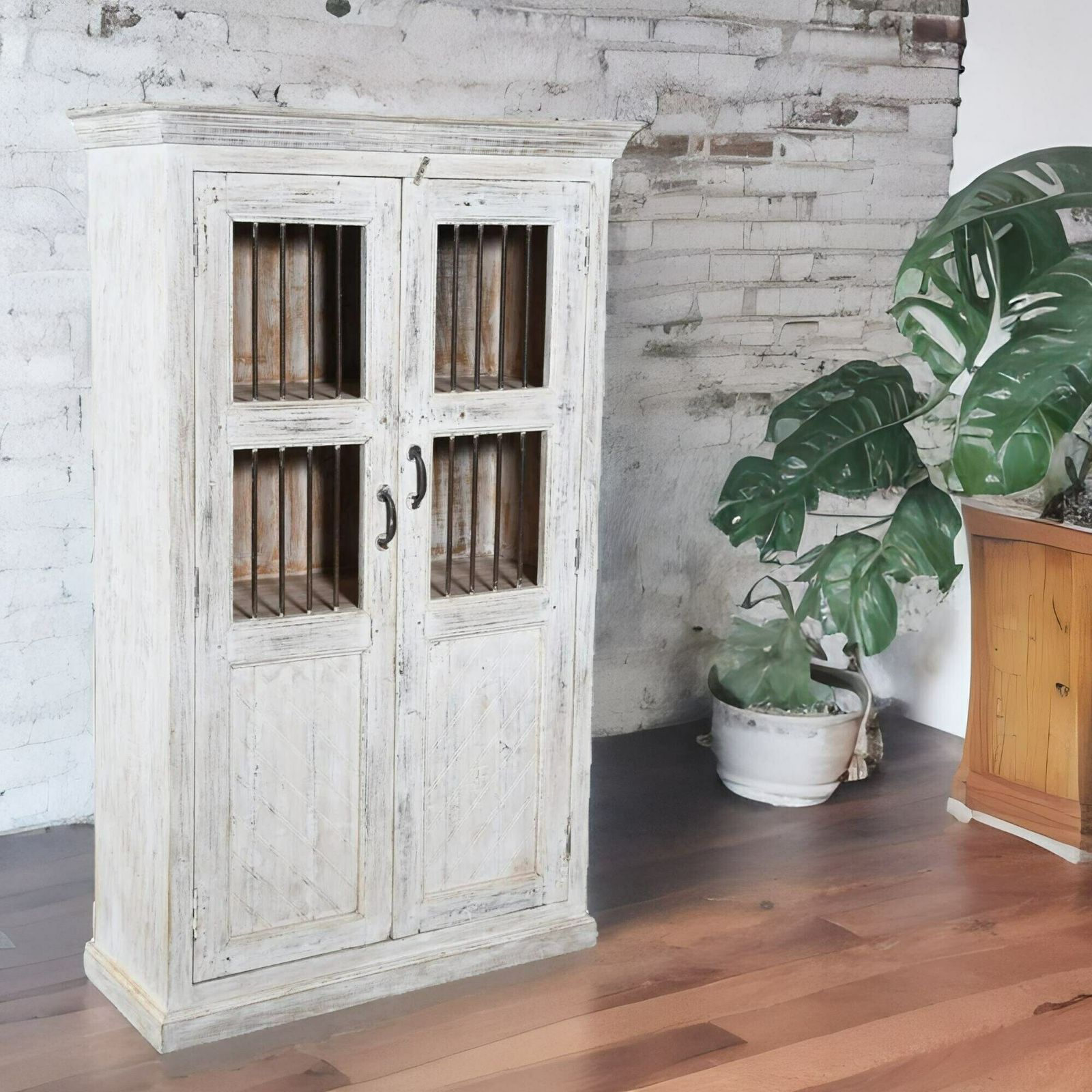 Authentic Indian Teak Wood Reclaimed Pinjara Cupboard   Vintage Storage Furniture, Handcrafted Artistry