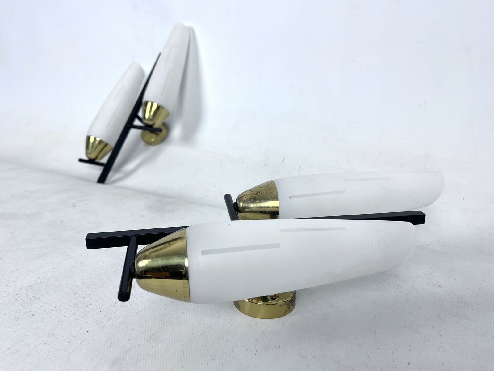 Mid Century Pair Of Double Lights Sconces In Brass And Opaline Glass. Italy 1950s photo buy