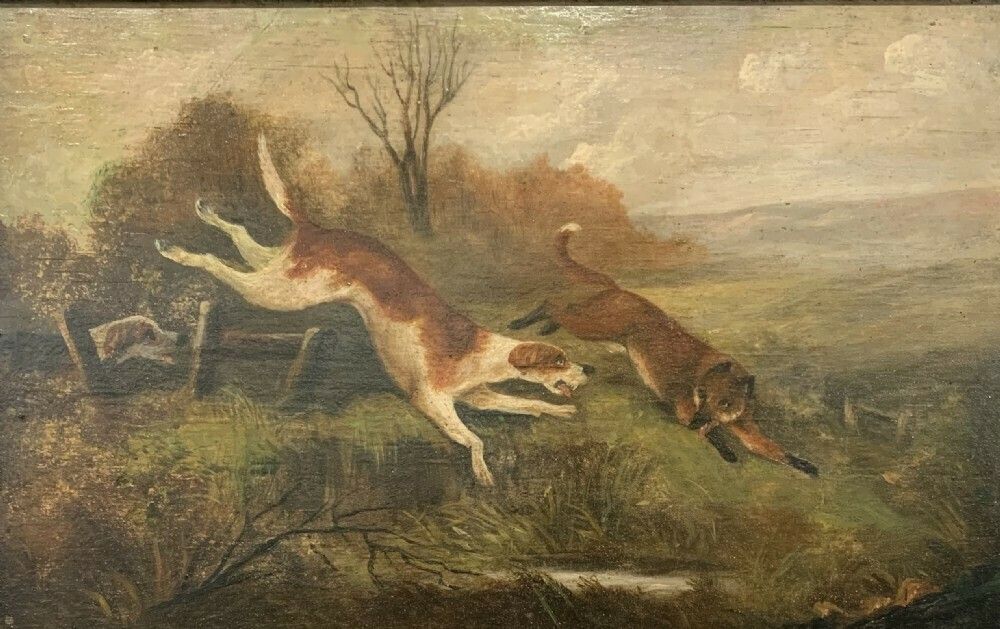 Hunting Scene Oil On Canvas “The Pursuit” Hounds And Fox, Early 19th Century photo furniture