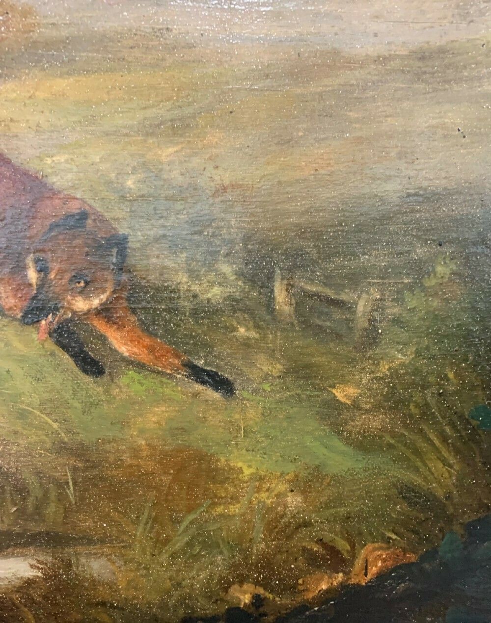 Hunting Scene Oil On Canvas “The Pursuit” Hounds And Fox, Early 19th Century photo vintage
