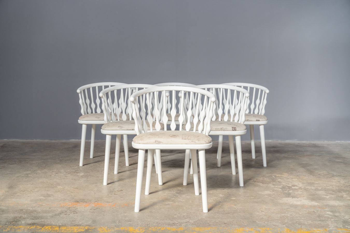 Matt White Painted Beech Chair With Upholstered Seat With 1970 Fabric, Set Of 6 photo buy