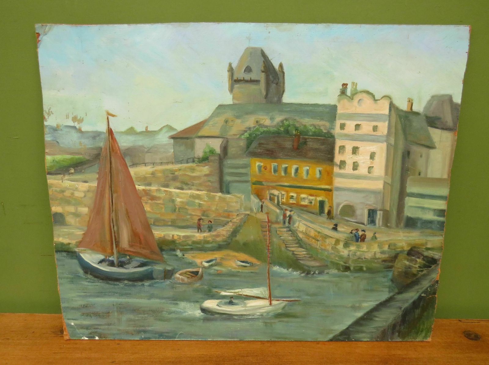 Vintage Naive Acrylic On Board Of Boats And Harbour