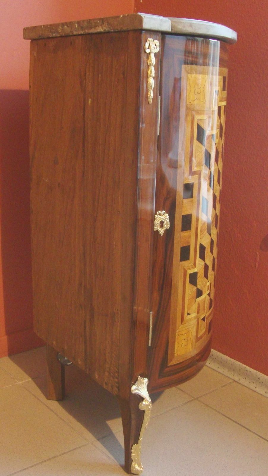 Corner Cabinet With Intarsia, Europe, Late 18th Century, Oak With Walnut Veneer, Marble, Gilt Bronze, 82.5x39x39 Cm photo furniture