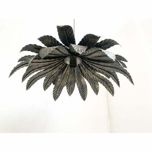 Contemporary Florentine Wrought Iron Brunito And Gold Leaves Pendant photo for sale