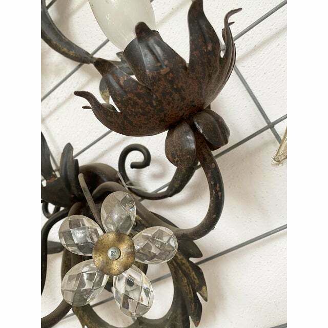 Contemporary Brunito And Rush Florentine Wrought Iron Wall Lamp With Floreal Crystals