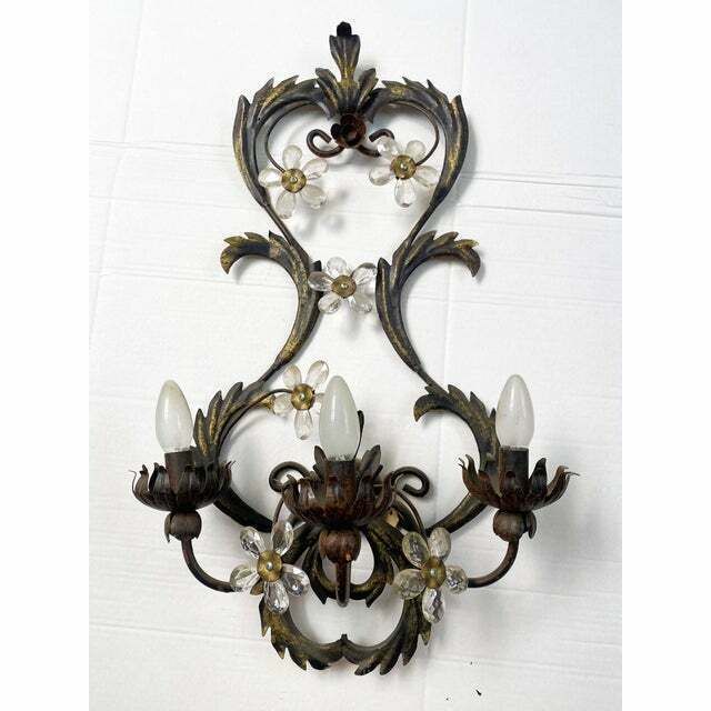 Contemporary Brunito And Rush Florentine Wrought Iron Wall Lamp With Floreal Crystals photo for sale