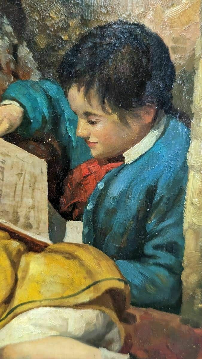 Portrait Of A Young Woman Reading To Children Oil On Wood, 20th photo for sale