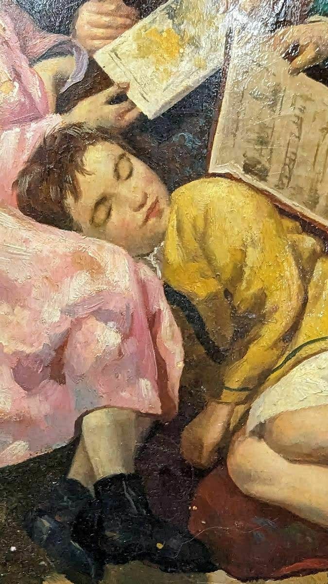 Portrait Of A Young Woman Reading To Children Oil On Wood, 20th photo Art