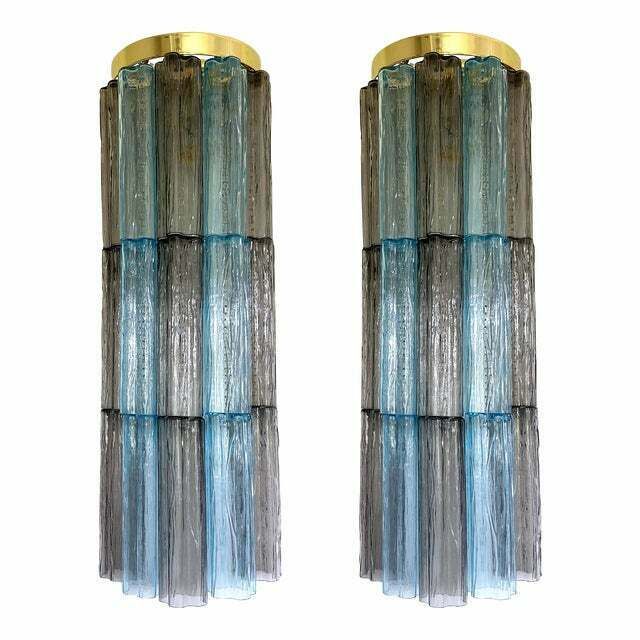 photo for sale Set Of 2 Contemporary Grey And Light Blue "Tronchi" Murano Glass Wall Sconce