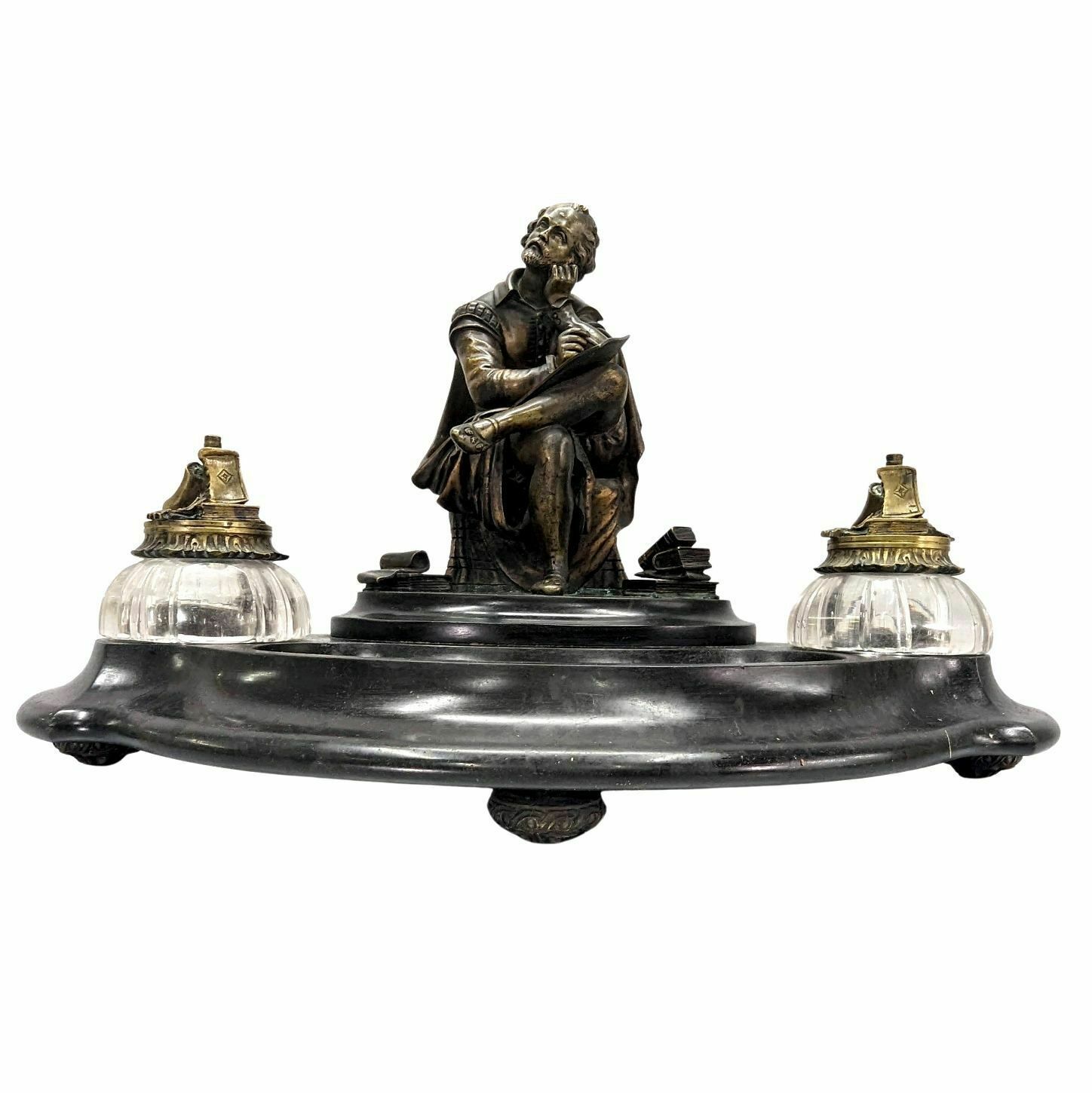 Rare Bronze And Black Marble Inkwell With Integrated 19th Century Bell System
