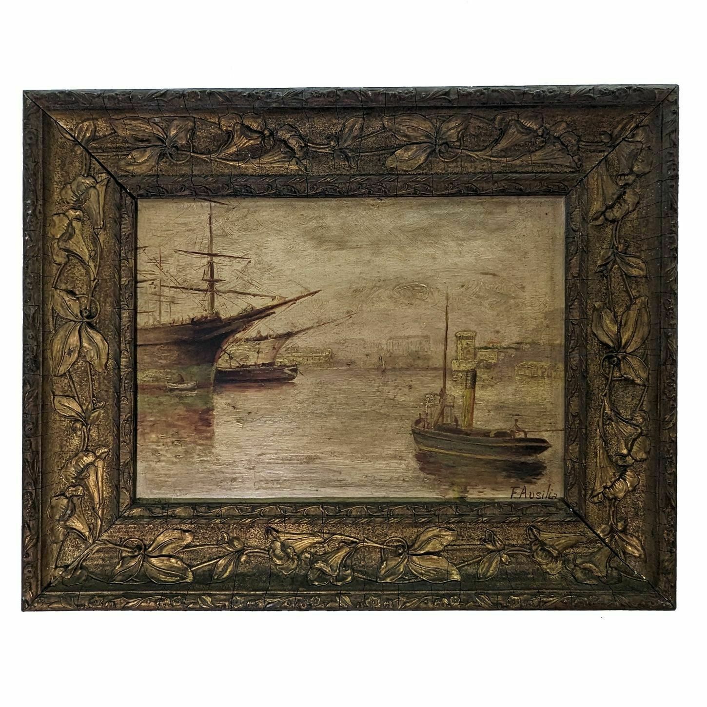 Boat In Port 1900 Marine Painting Signed F. Ausilia