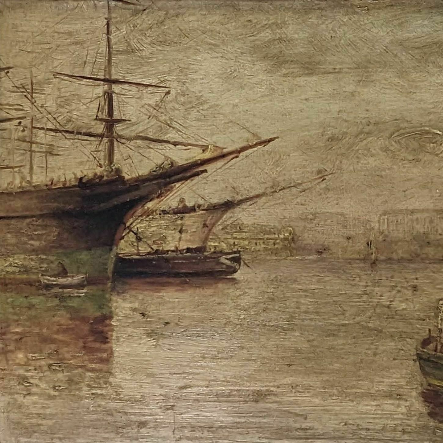 Boat In Port 1900 Marine Painting Signed F. Ausilia photo furniture