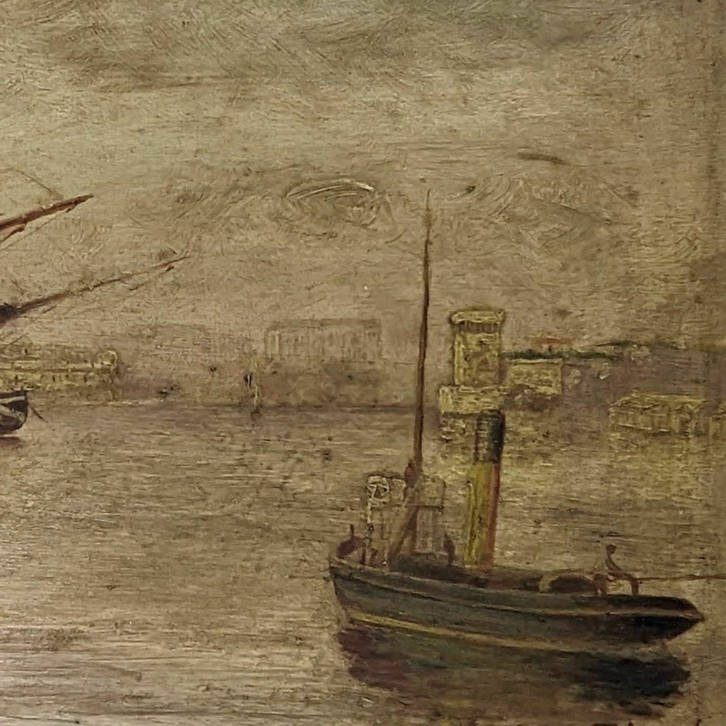 Boat In Port 1900 Marine Painting Signed F. Ausilia photo Art