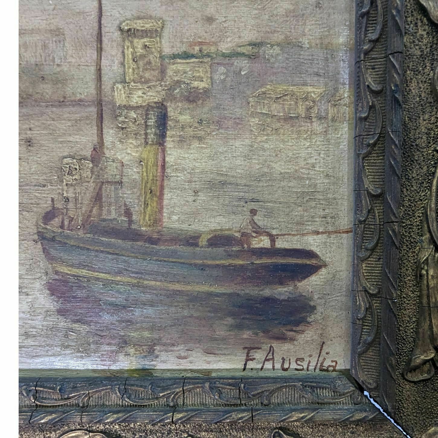 Boat In Port 1900 Marine Painting Signed F. Ausilia photo 488.0