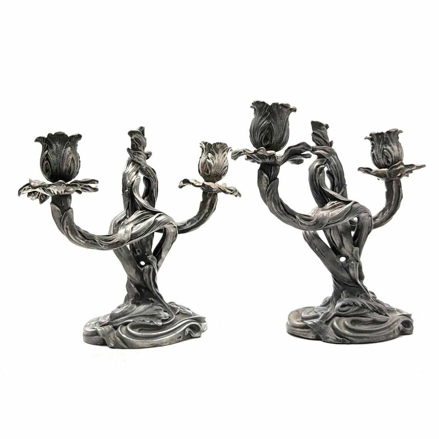 Pair Of Pewter Art Nouveau Candlesticks photo Home Decor