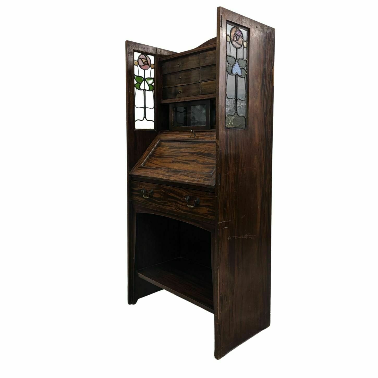 Secretaire In Art Nouveau Rosewood With Stained Glass