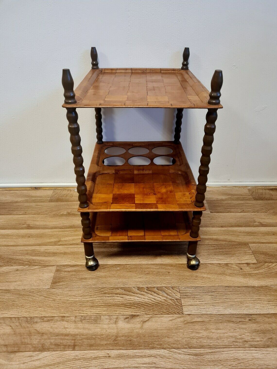 Vintage Mid Century Modern Trolley Table Of Pressed Wood Veneer. Mcm Wheels Bar Cart photo vinterior