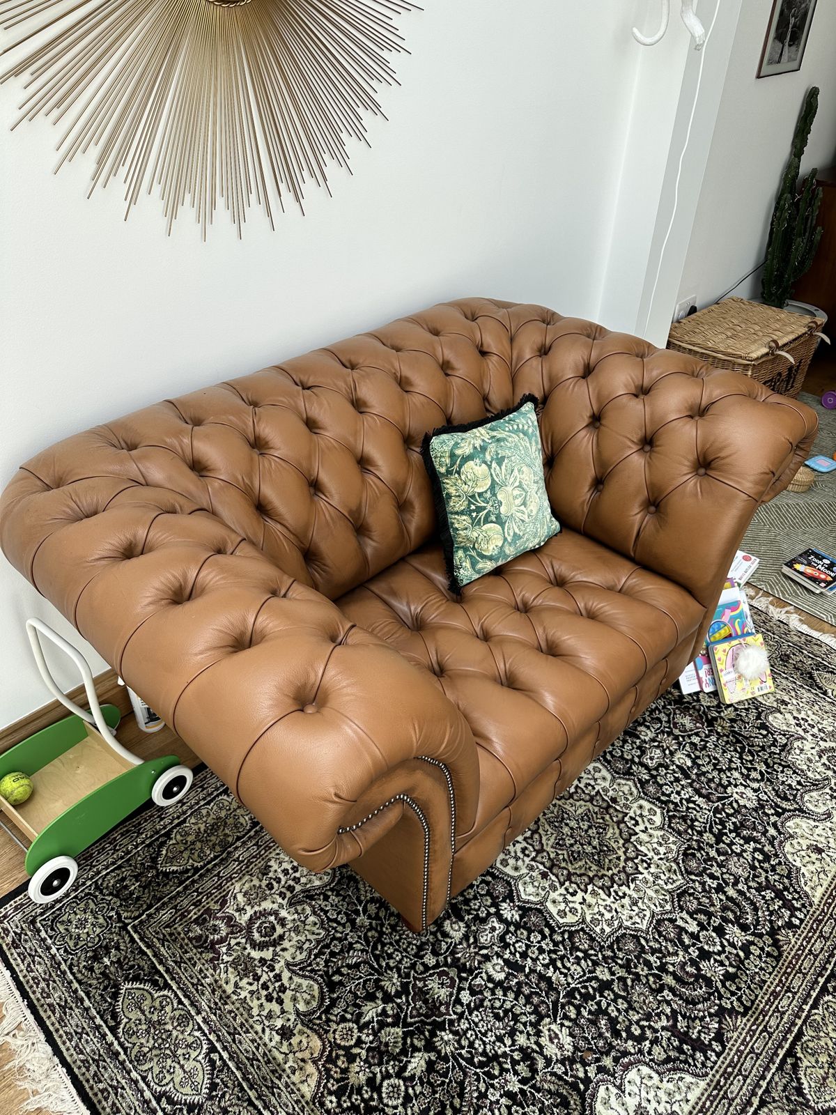 British Handmade Antique Rub Off Tan Leather Chesterfield Snuggle Chair photo for sale