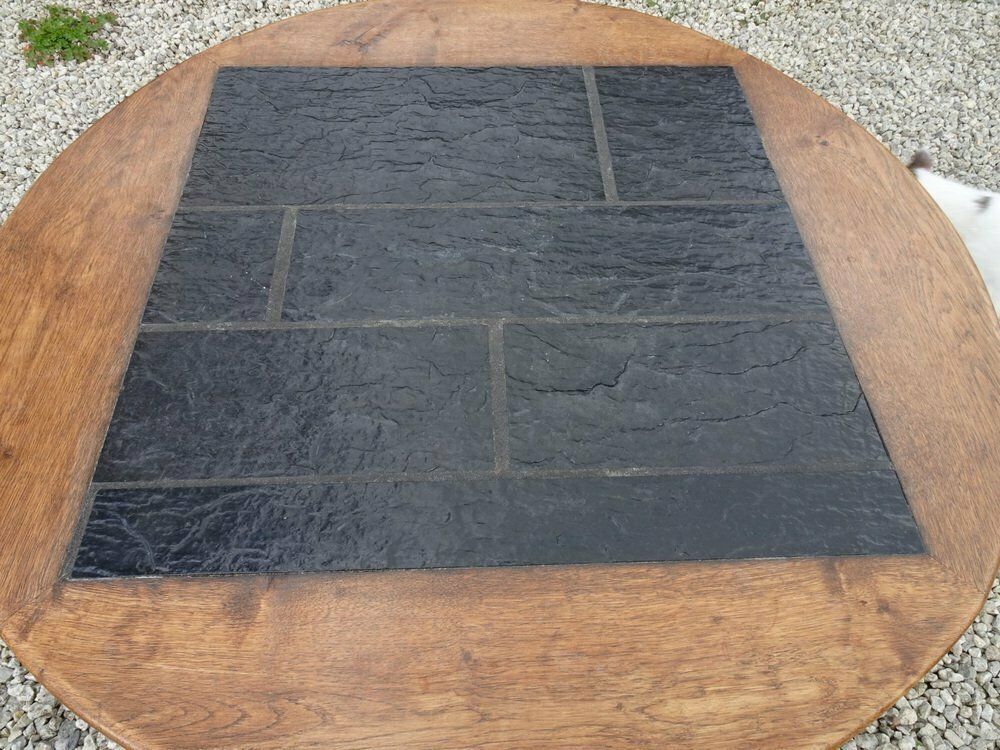 Large Brutalist Oak & Stone Inlay Coffee Table, 1970s photo for sale