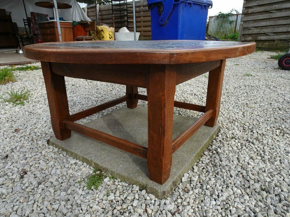 Large Brutalist Oak & Stone Inlay Coffee Table, 1970s photo Furniture
