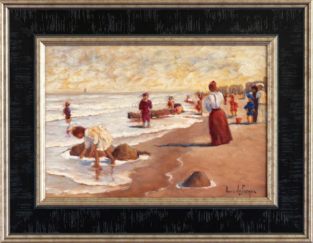 Anne De Seager, Beach Scene, Oil On Panel, Midcentury photo buy
