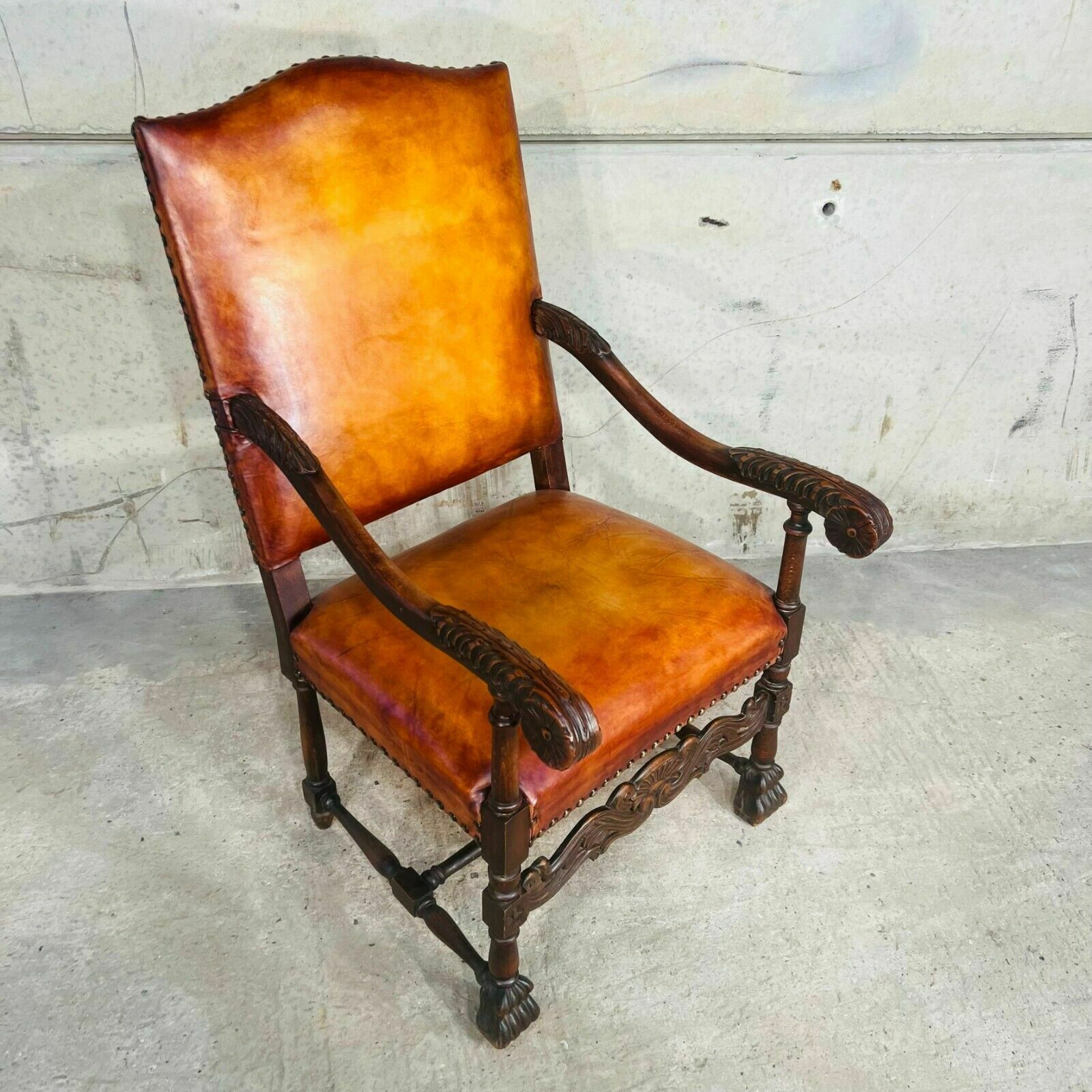 photo furniture Cromwellian Revival Carved Oak And Leather Armchair Carver Chair