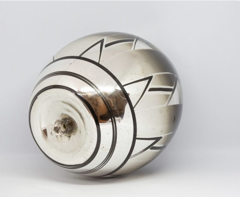 French Art Deco Glass Oviform Vase, Silver & Black Geometric Design photo for sale