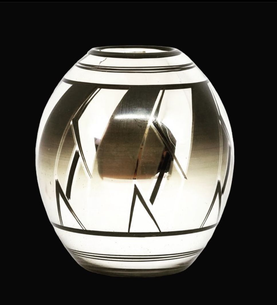 French Art Deco Glass Oviform Vase, Silver & Black Geometric Design photo 395.0