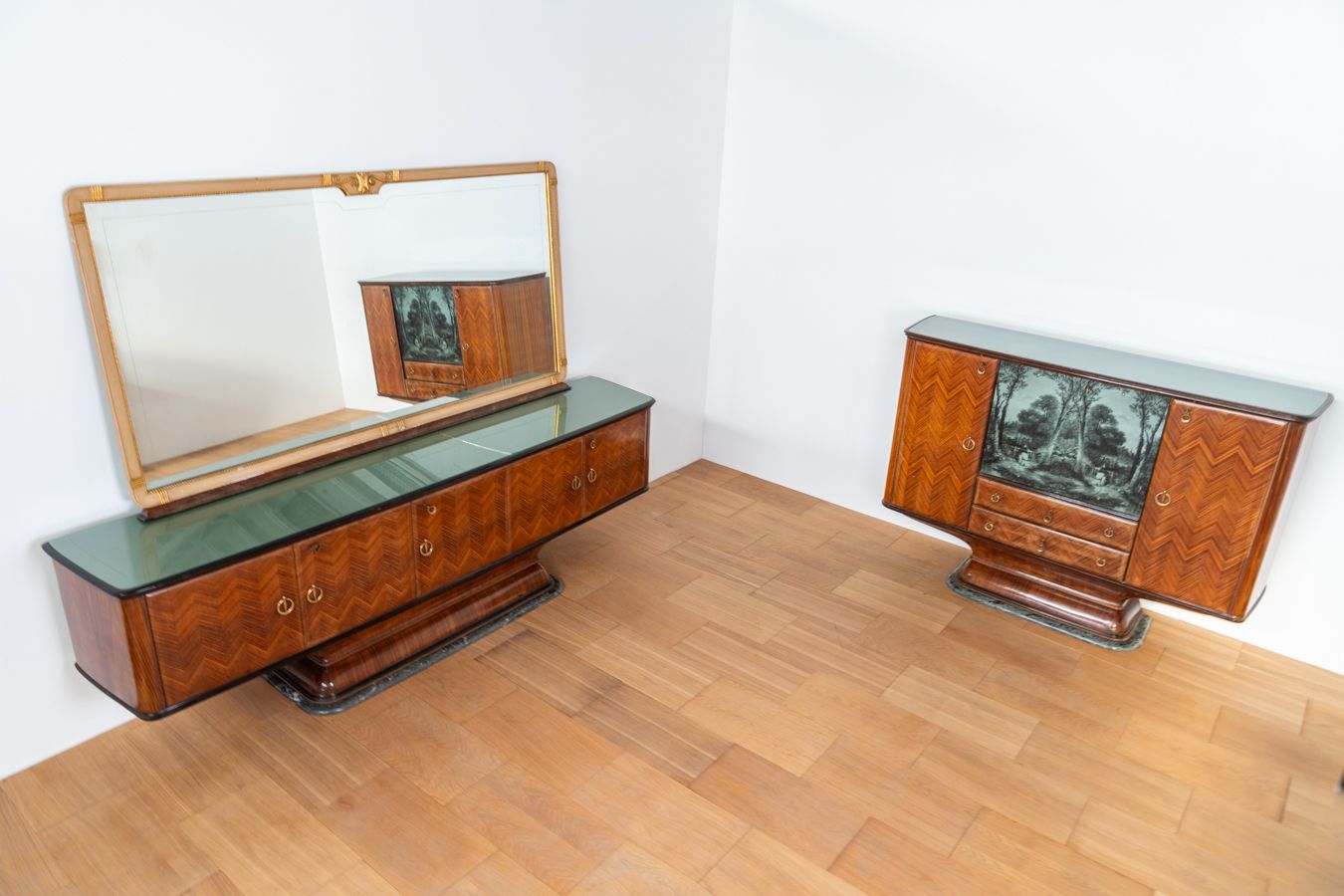 1950s Buffet Furniture In Rosewood, Marble Base And Glass Top