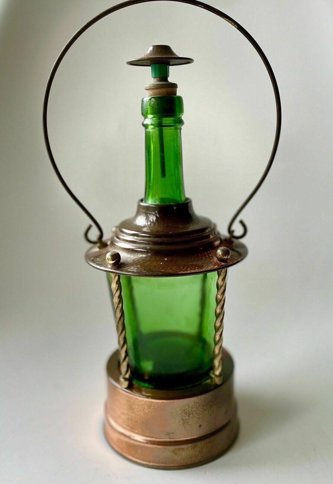 Green Glass & Copper Lantern/Decanter Reuge Made In Switzerland Music Box photo for sale