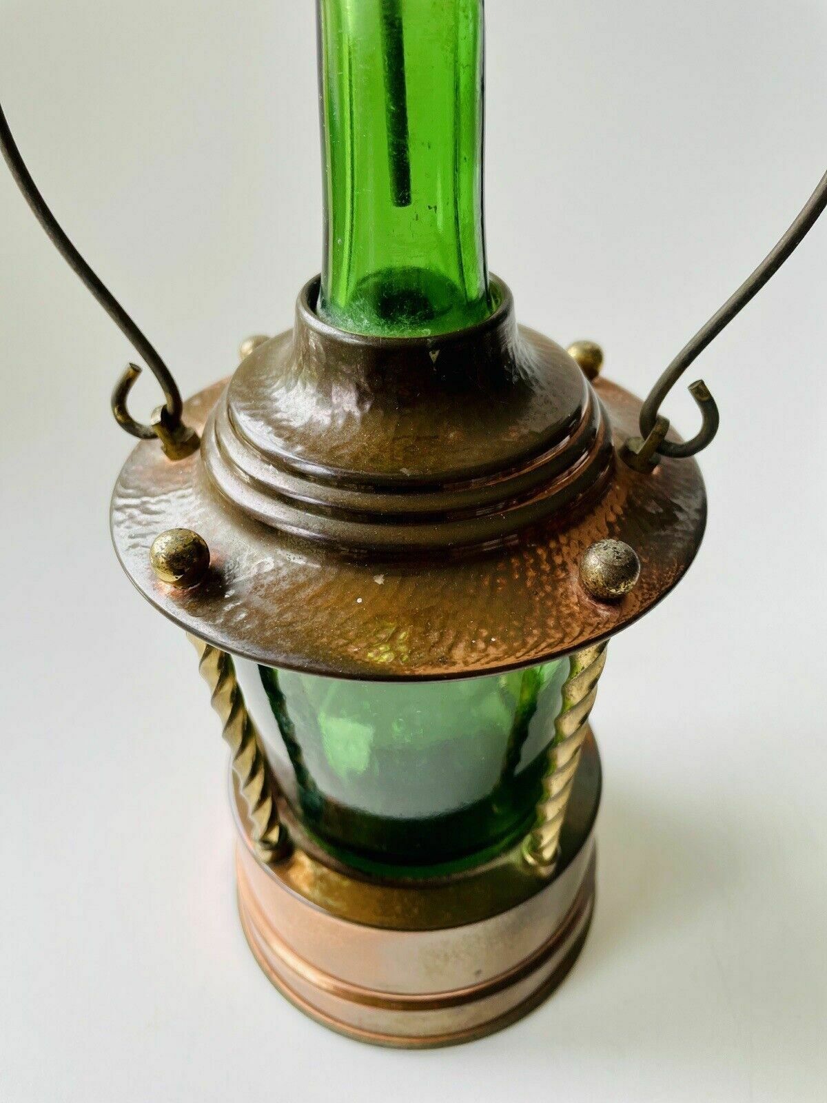 Green Glass & Copper Lantern/Decanter Reuge Made In Switzerland Music Box photo vinterior