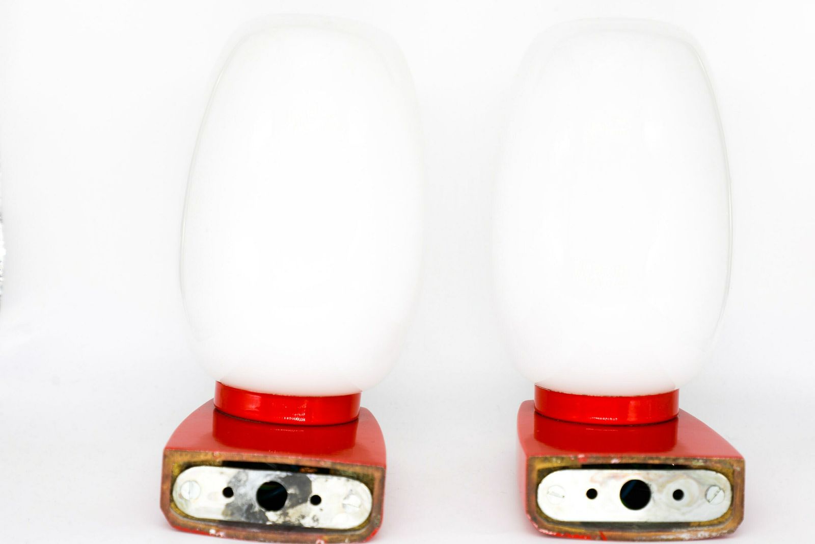 Pair Of Vintage 1970s Red Wall Lamps With White Glass Shades photo vinterior