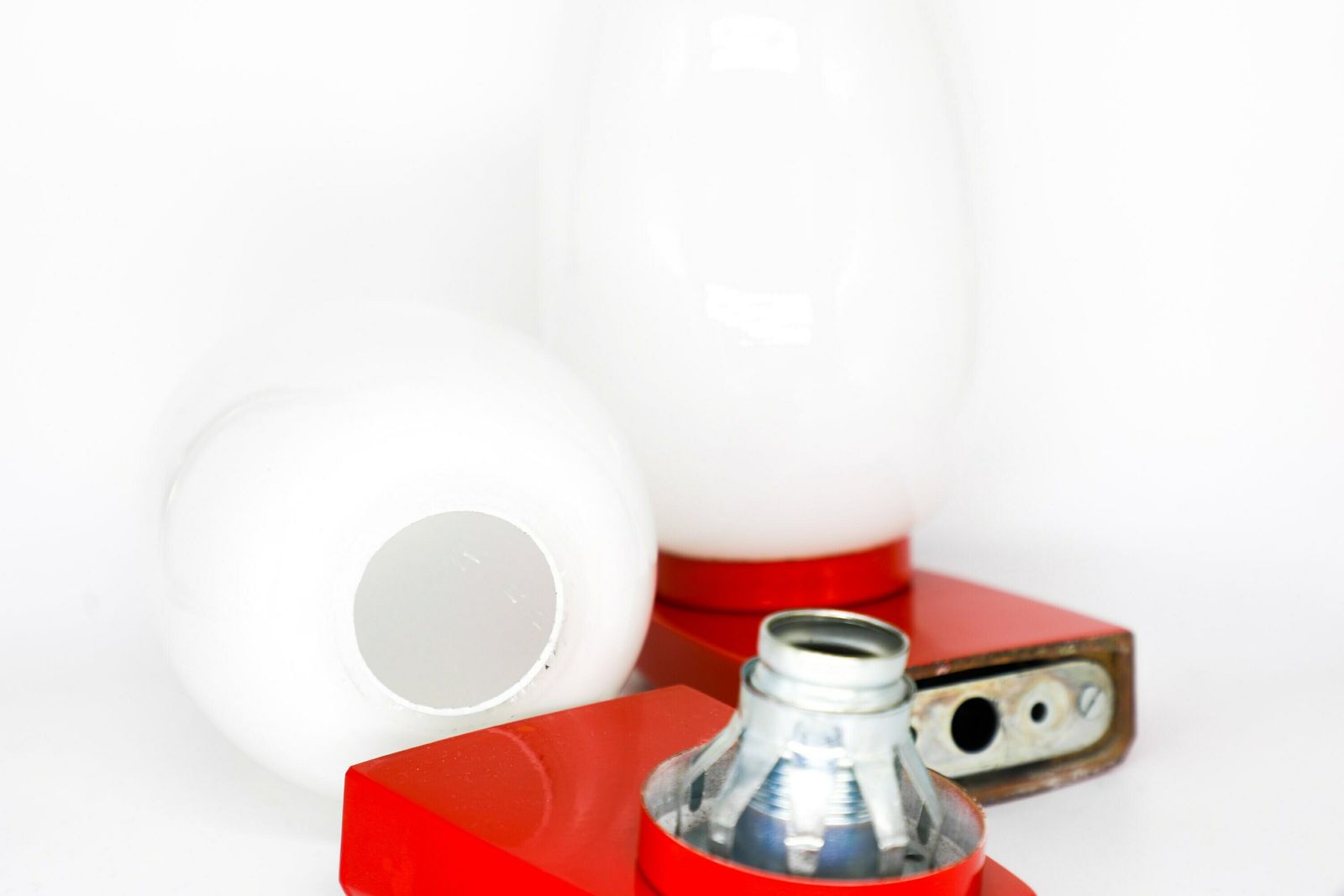 photo furniture Pair Of Vintage 1970s Red Wall Lamps With White Glass Shades