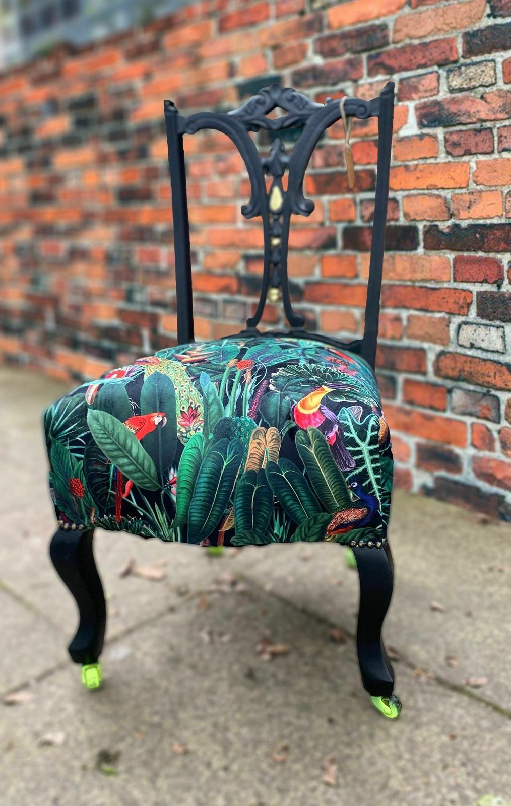 Victorian Nursing Chair Reupholstered In Amazon Jungle Printed Velvet And Detailed With 18ct Gold Leaf photo for sale