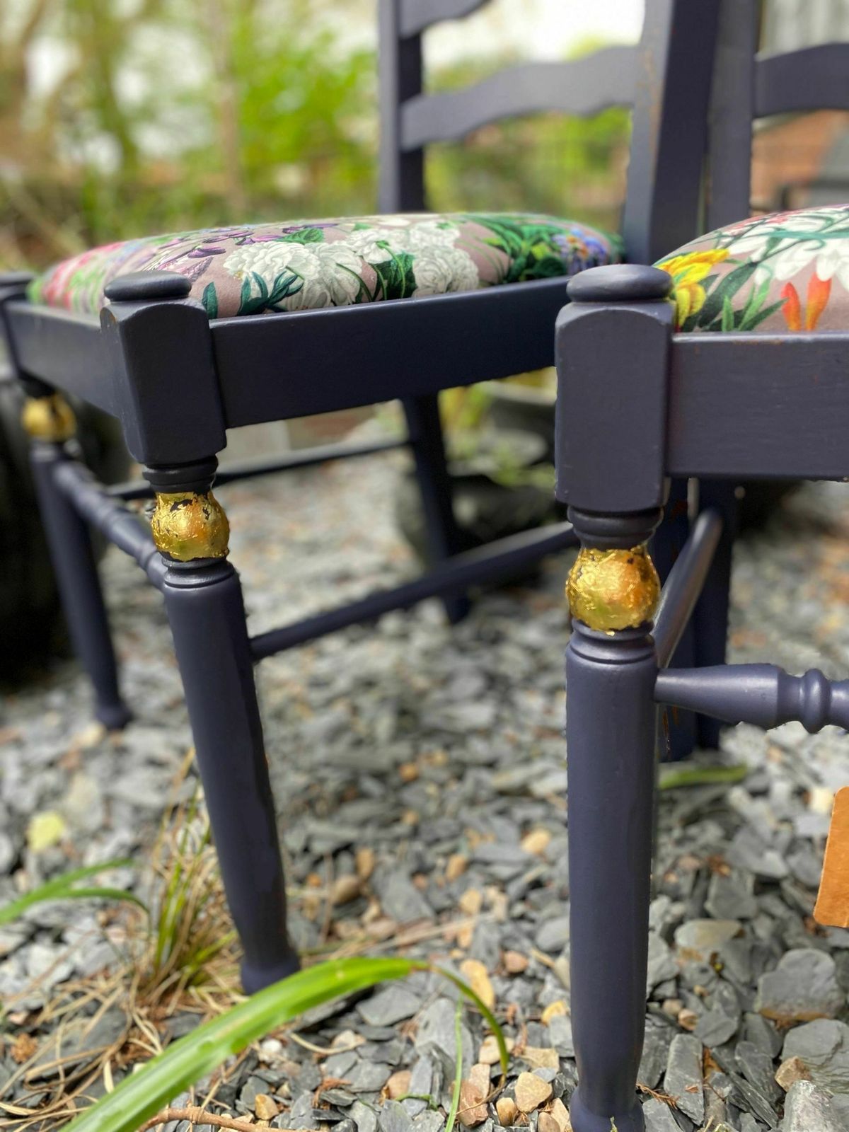 Lavender Indoor Mid Century Ladder Back Floral Garden Print Chairs (Pair) photo vinterior