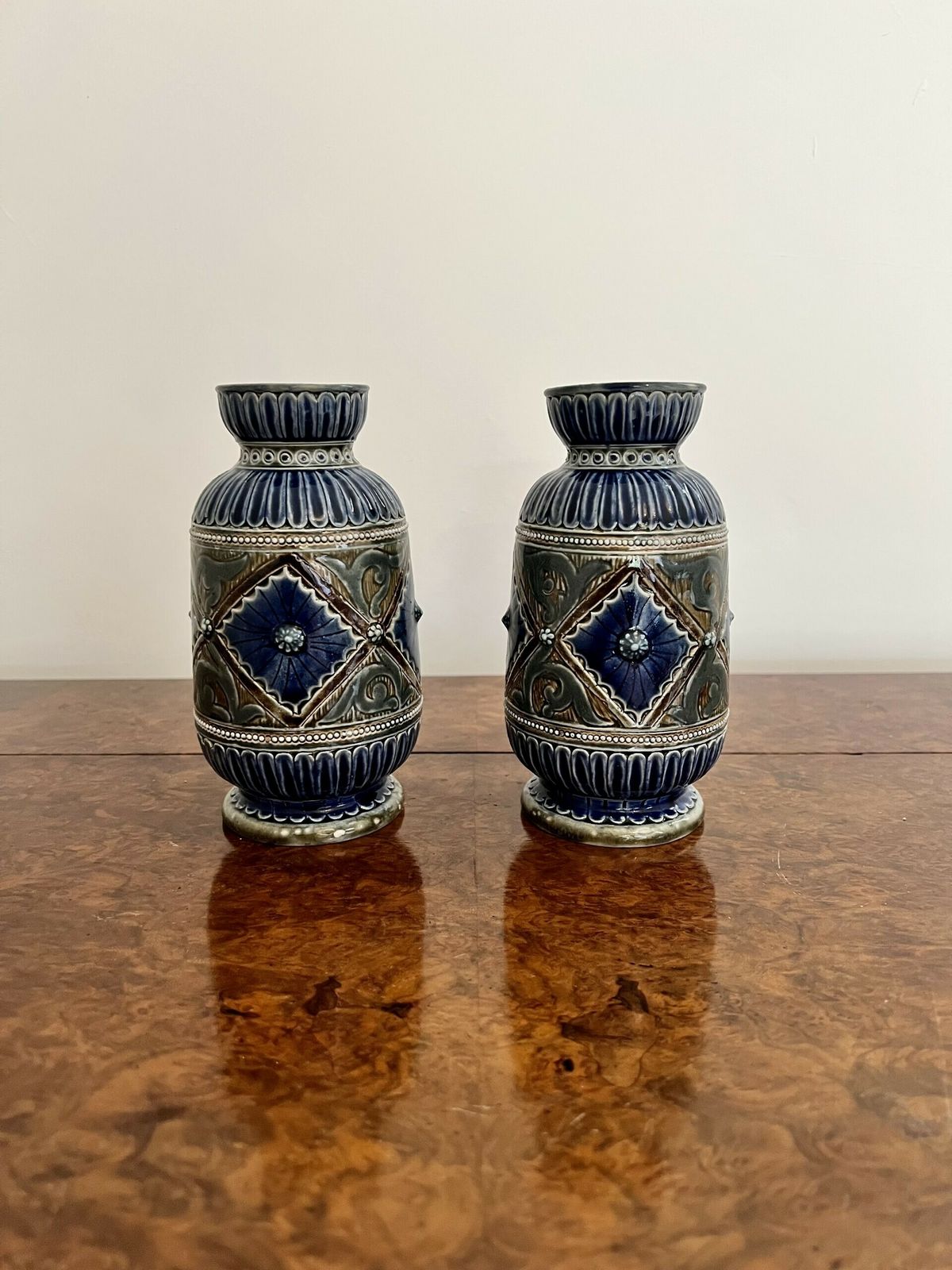 Attractive Pair Of Quality Victorian Doulton Lambeth Vases By Emily Edwards