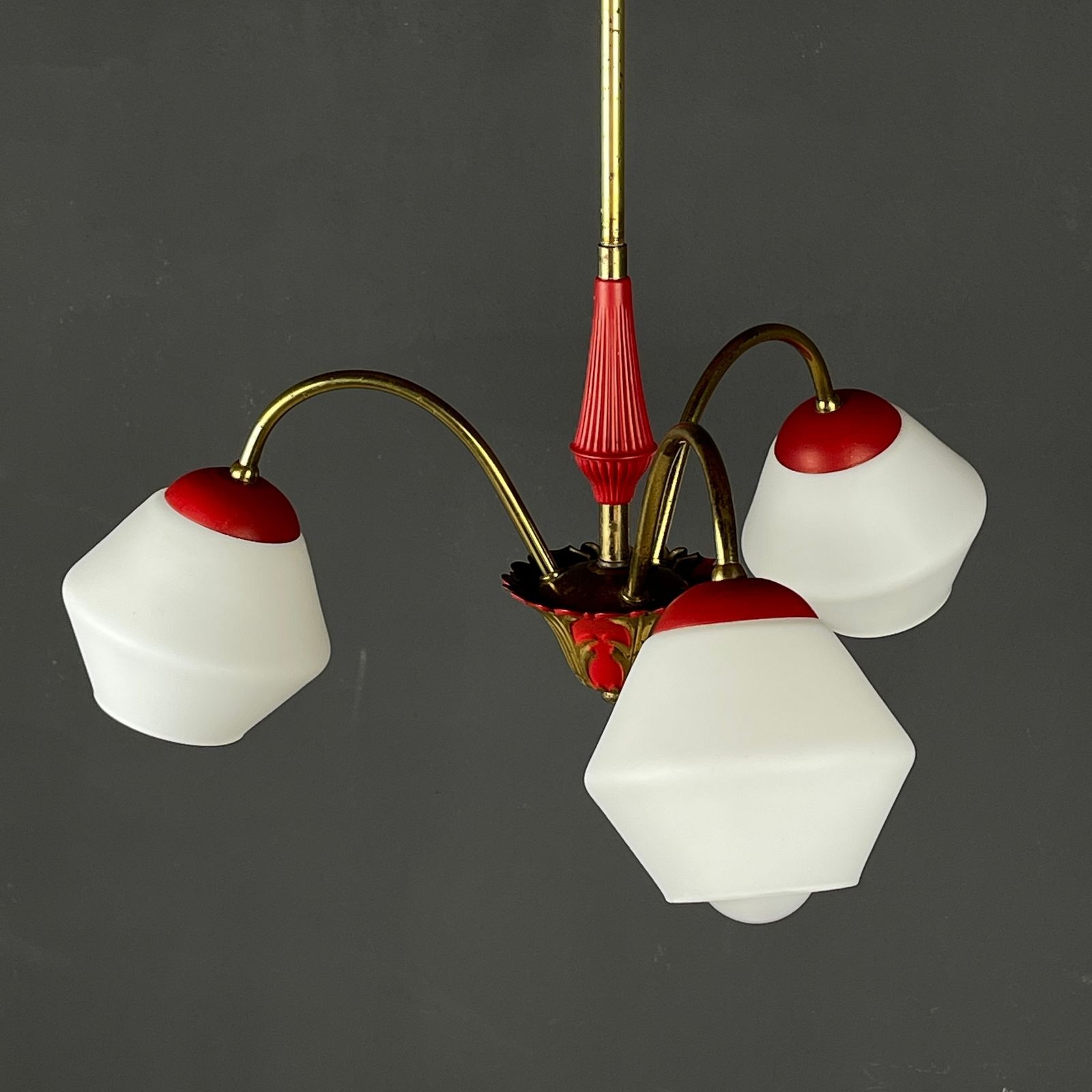 Vintage Italian Brass And Milky Glass 3 Arm Chandelier   1950s photo Lighting