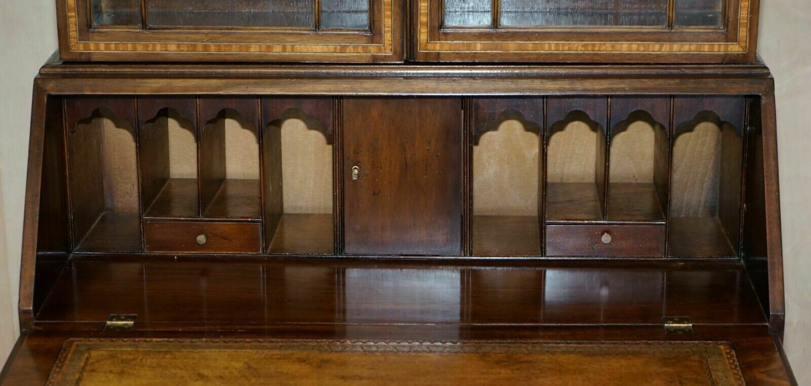 photo for sale Antique Sheraton Revival Burea Bookcase Leather Top Mahogany Walnut & Satinwood