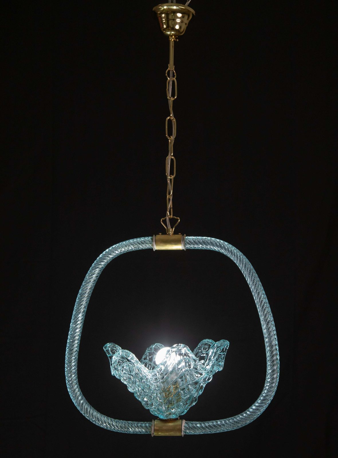 Elegant Blue Art Decò Barovier E Toso Pendant Light, Murano Glass, 1940s photo for sale